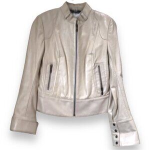 Mackage Moto Racing Leather Jacket Slim Fit Zip Pockets Neutral Minimalist Tan